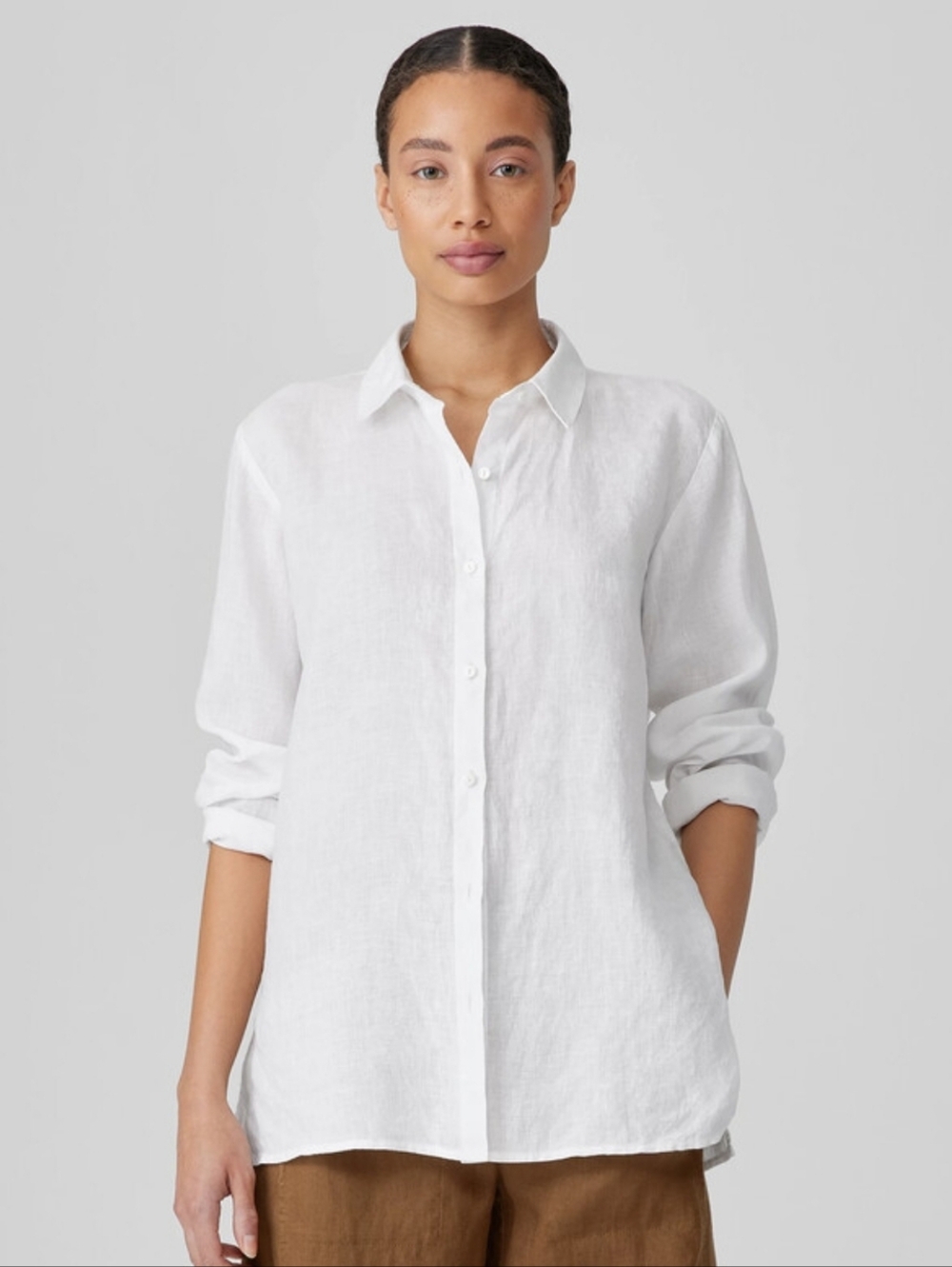 Eileen Fisher Organic Linen Classic Collar Shirt White Button Down